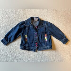 Vintage jean jacket, 24 mos. Colorful buttons and pocket lining, shoulder puffs.